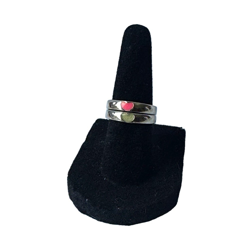 Silver Tone Metal Band Ring Red Heart Love Theme Adjustable Open Size 5